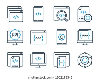 Iconos de línea vectorial relacionados con programación y desarrollo. Conjunto de iconos de esquema de Desarrollo de aplicaciones y Web.