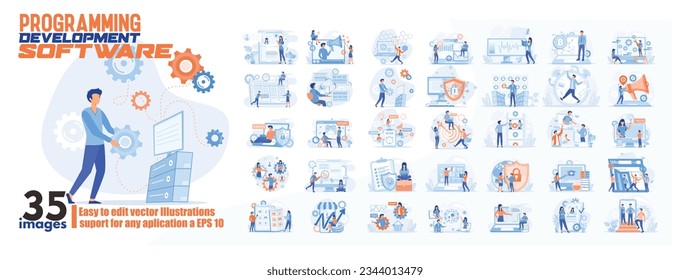 Programming development software concept illustration, collection of male and female business people scenes in the programming development software scene. mega set flat vector modern illustration