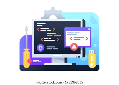 Programming development using pc and IT technology. Isolated icon concept of app using new api for modern business service interface. Vector illustration