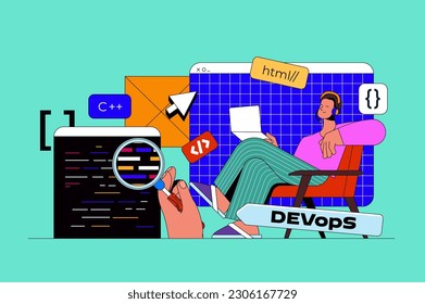 Programming and development web concept with character scene. Developer working with program languages, coding and testing. People situation in flat design. Vector illustration for marketing material.