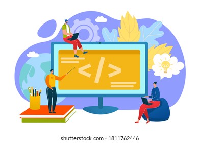 Programming education concept, programmers learn coding on computer vector illustration. People reate code or program on programming languages. Online internet learning. Modern education technology.