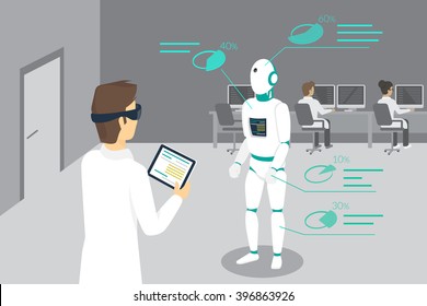 Programming engineer sets a robot using head-mounted device for augmented and virtual reality. Conceptual illustration of man looking at the robot and seeing his parameters through the headset 