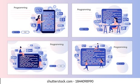 Programming and engineering development. Developer create code programming language. Screen template for mobile smart phone, landing page, template, ui, web, mobile app, poster, banner, flyer. Vector