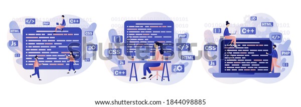 Programming and engineering development.\
Programmer or developer create code programming language. PHP,\
HTML, C++, CSS, Js. Modern flat cartoon style. Vector illustration\
on white\
background