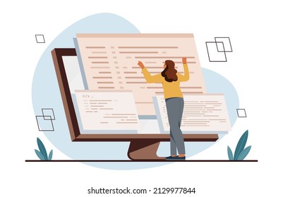 Programming and engineering development. Woman stands in front of monitor and writes digital code for new website or application. Employee creates digital product. Cartoon flat vector illustration