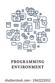Programming environment circle posters. Hardware platform.Cross platform. Security. Digitalization concept. Isolated vector template