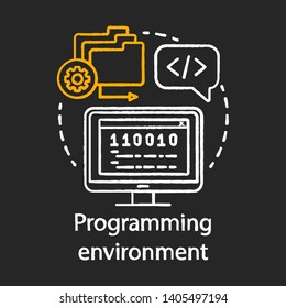 Programming environment, language chalk concept icon. Software engineering, app development idea thin line chalkboard illustration. IT industry, script writing. Vector isolated outline drawing