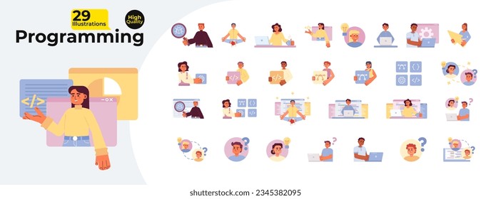 Programming flat concept vector spot illustrations bundle. Busy freelancer working on laptop 2D cartoon characters on white for web UI design. Isolated editable creative hero image collection