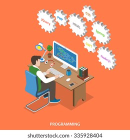 Programming flat isometric vector concept. Programmer sit at his work place, over him are gears with names of internet technologies. Programming, coding, testing, debugging, analyst, code developer.