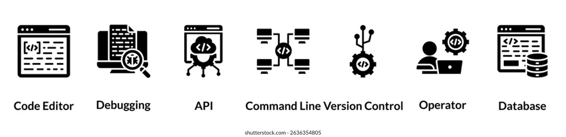 Programming glyph icon set. code editor, debugging, api, command line, version control, operator, database
