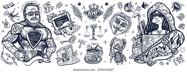 Programming and hacking. Superman programmer and African American woman hacker. Anonymous mask, night coding, dark Internet, web software development, cybercrime. Black and white style