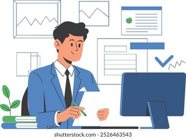 Programming at home. Young man behind laptop works at home, modern technology, remote worker. Developer of application or program for smartphone writes code. Cartoon flat vector illustration