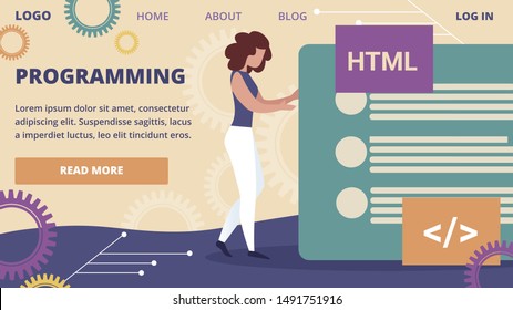 Programming Horizontal Banner. Young Woman Programmer Make Site or Web Interface Project. Website Designer Developer Social Media Html Wireframe Software Development. Cartoon Flat Vector Illustration