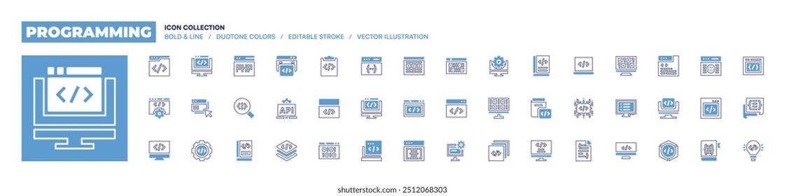 Programming icon collection. Bold line style. Duotone colors. Editable stroke. book, computing, api, coding, code, programming, layer, php, development, setting, binary code.