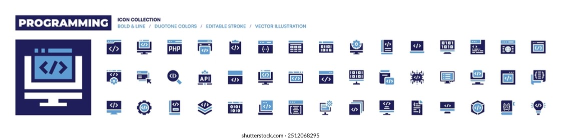 Colección de iconos de programación. Estilo audaz. Codificación por Web, Sitio web, monitor, idea, programar, programar en 3D, libro, código, css, programa.