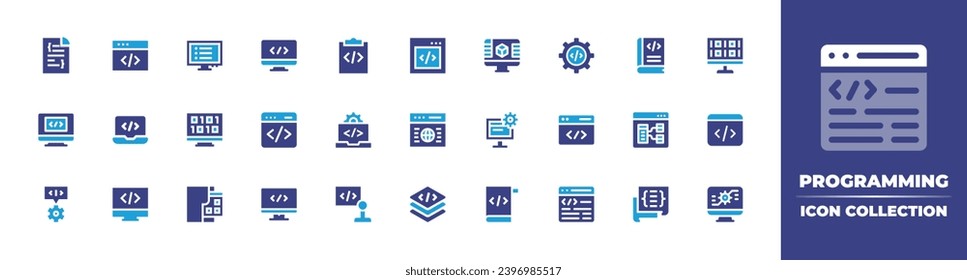 Programmier-Icon-Sammlung. Duotonfarbe. Vektorgrafik und transparente Illustration. Enthält Programmierung, Codierung, Web-Codierung, Binärcode, Webentwicklung, Website, Code, Layer, Monitor, Codeliste.