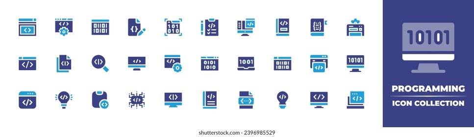 Programmier-Icon-Sammlung. Duotonfarbe. Vektorgrafik und transparente Illustration. Enthält Programmierung, Programmierung, Entwicklung, Editieren von Code, Planung, Buch, Website, Code, Programmierung, Binärcode, Web.