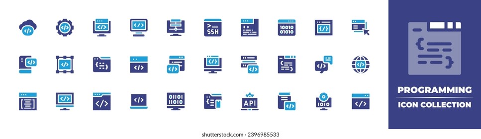 Programmier-Icon-Sammlung. Duotonfarbe. Vektorgrafik und transparente Illustration. Enthält api, Festlegen, Codieren, ssh, Binärcode, Computing, Programmierung, Metadaten, Laptop, App-Entwicklung, Codierung.