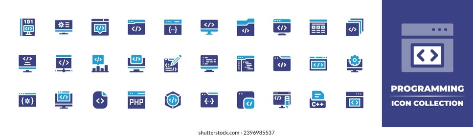 Programmier-Icon-Sammlung. Duotonfarbe. Vektorgrafik und transparente Illustration. Enthält Computer, Web-Codierung, Codierung, Monitor, Programmierung, Ebenen, Web-Entwicklung, PHP, Bearbeiten-Code, Browser.