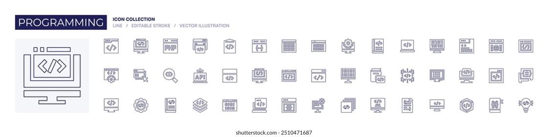 Programming icon collection. Line style. Editable stroke. binary code, layers, computer, web programming, coding, programming, programming language, program.