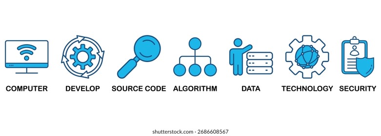 Programming icon set In Blue Monochrome Flat Design, Vector Illustration concept relate to icon of computer, develop, source code, algorithm, data, technology and security