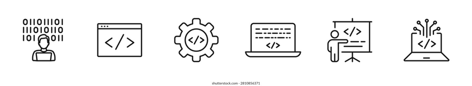 Programming icon set. Coding icons in line style. Editable web icons developer, algorithms, information technology, code, api, programmer, software, scripts. Vector illustration.