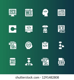 programming icon set. Collection of 16 filled programming icons included Css, Php, Wireframes, Binary code, Algorithm, Programming, Programmer, Nerd, Code, Coding, Wireframe, Html