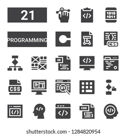programming icon set. Collection of 21 filled programming icons included Programmer, Css, Html, Coding, Algorithm, Code, Programming, Js, Wireframe, Wireframes, Binary code, Usability