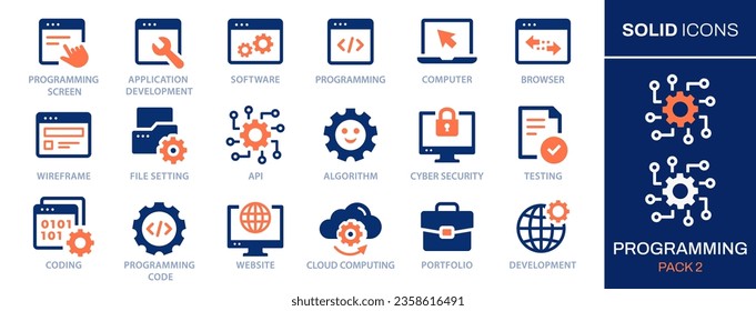 Programming icon set. Collection of program, application, computer, service and more. Vector illustration. Easily changes to any color.