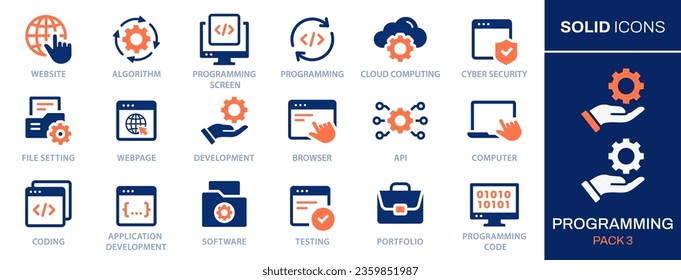 Programming icon set. Collection of program, application, computer, service, code, develop and more. Vector illustration. Easily changes to any color.