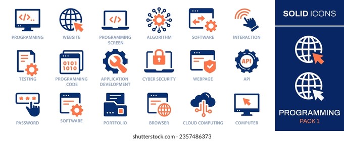 Programming icon set. Collection of software, program, application, computer and more. Vector illustration. Easily changes to any color.