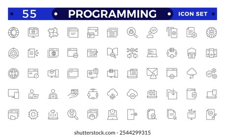 Programming icon set. Contains linear outline icons like Web Development, Code, Website, Cloud, App, Data, Software, Algorithm, Api, Build, Program. UI icon set in a flat design. 