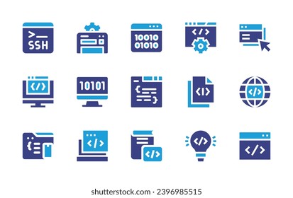 Programming-Icon-Set. Duotonfarbe. Vektorgrafik. Enthält Entwicklung, Website, ssh, Binärcode, Computing, Code, Web-Programmierung, Programmierung, Idee, App-Entwicklung, Coding-Buch.