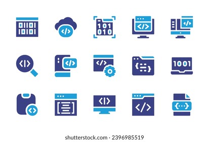 Programming-Icon-Set. Duotonfarbe. Vektorgrafik. Enthält Code, Programmierung, Programmierung, Web-Programmierung, CSS, Digital, Computing, Cloud, Software, Binärcode, Buch.