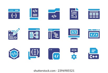 Programming-Icon-Set. Duotonfarbe. Vektorgrafik. Enthält Codeliste, Programmierung, Programmiersprache, Programm, Browser, d Programmierung, Code, c.