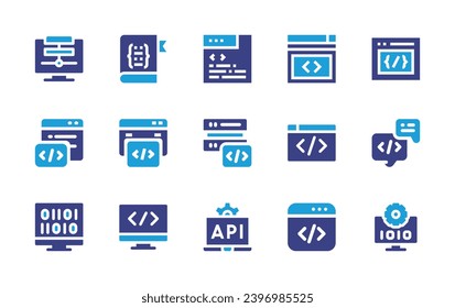 Programming-Icon-Set. Duotonfarbe. Vektorgrafik. Enthält Kodierung, Halterung, API, Programmierung, Meta, Buch, Daten, Code, CSS, Server, Chat.