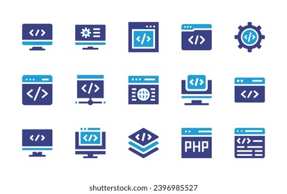 Programming-Icon-Set. Duotonfarbe. Vektorgrafik. Enthält Codierung, Web-Codierung, Computer, Web-Entwicklung, Website, Code, Monitor, Schicht, PHP.