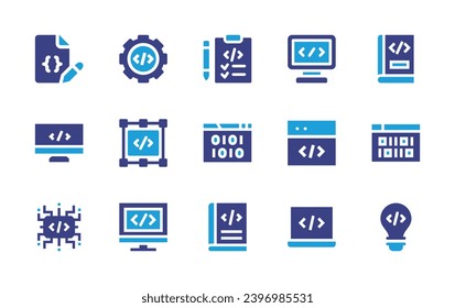 Programming-Icon-Set. Duotonfarbe. Vektorgrafik. Enthält Bearbeitungscode, Planung, Buch, Einstellung, Programmierung, Programmierung, Binärcode, CPU, Metadaten, Laptop.