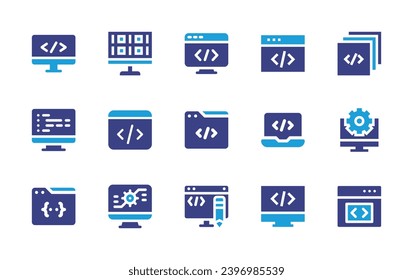 Programming-Icon-Set. Duotonfarbe. Vektorgrafik. Enthält Programmierung, Binärcode, Kodierung, Monitor, Ebenen, Computer, Bearbeitungscode, Browser.