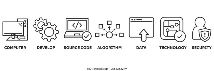 Programming icon set illustration concept with icon of computer, develop, source code, algorithm, data, technology, security