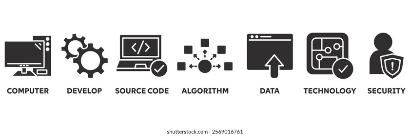 Programming icon set illustration concept with icon of computer, develop, source code, algorithm, data, technology, security