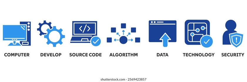 Programming icon set illustration concept with icon of computer, develop, source code, algorithm, data, technology, security
