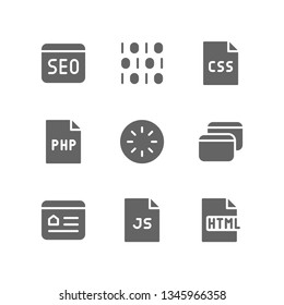 Programming icon set including seo, binary, css, php, loading, website, browser, homepage, js, html, language