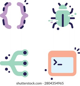 Programming Icon Set with Terminal Bug Code Braces and Branching
