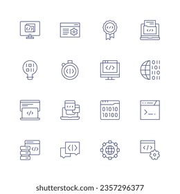 Programming icon set. Thin line icon. Editable stroke. Containing folder, settings, quality, software, innovation, optimization, coding, binary code, web development, laptop, code, chat, world.