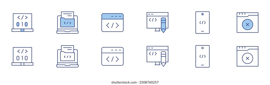 Programming icon set in two styles, Duotone and Thin Line style. Editable stroke. code, edit code, development, software, programming, no results.