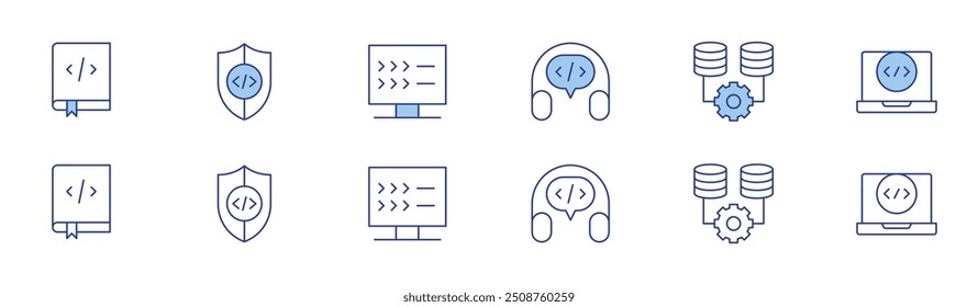 Programmsymbol in zwei Stilen, Duotone und Thin Line-Stil. Bearbeitbarer Strich. Codierung Buch, Support, Datenbank, Schild, Skript, Codierung.
