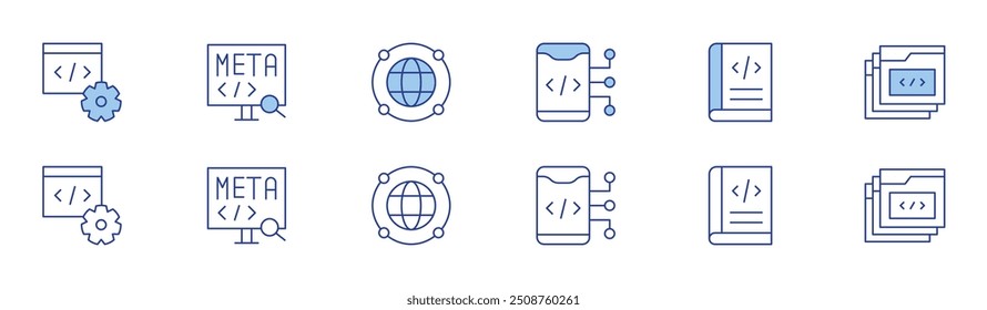Programming icon set in two styles, Duotone and Thin Line style. Editable stroke. coding, book, tabs, develop, meta, global.
