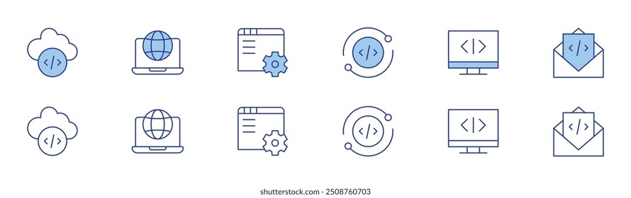 Programming icon set in two styles, Duotone and Thin Line style. Editable stroke. refresh, cloud, programming, email, world wide web, web development.