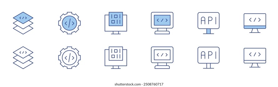 Ícone de programação definido em dois estilos, Duotônico e Linha fina. Curso editável. camada, codificação, engrenagem, aplicativo, código binário.